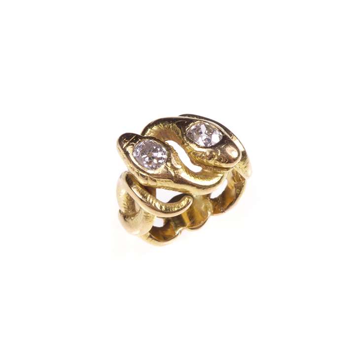 Antique cushion diamond and gold entwined double snake ring